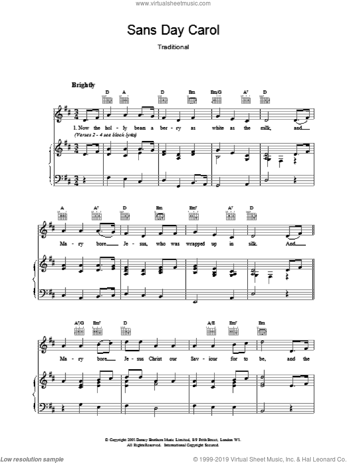 Sans Day Carol sheet music for voice, piano or guitar, intermediate skill level