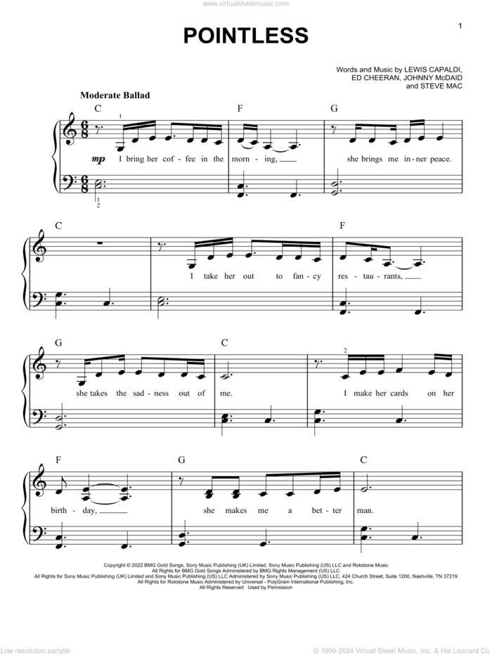 Pointless sheet music for piano solo by Lewis Capaldi, Ed Sheeran, Johnny McDaid and Steve Mac, easy skill level