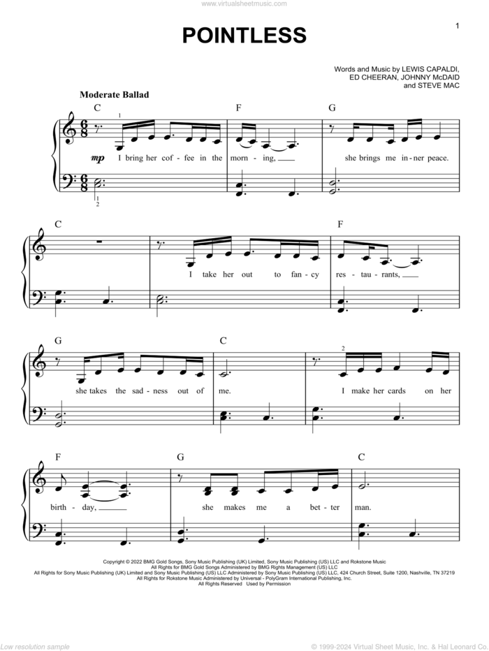 Pointless sheet music for piano solo by Lewis Capaldi, Ed Sheeran, Johnny McDaid and Steve Mac, easy skill level