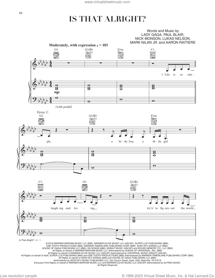 Is That Alright? (from A Star Is Born) sheet music for voice, piano or guitar by Lady Gaga, Aaron Raitiere, Lukas Nelson, Mark Nilan Jr., Nick Monson and Paul Blair, intermediate skill level