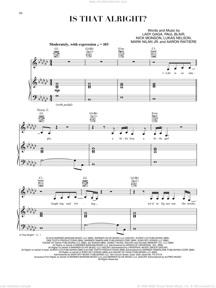 Is That Alright? (from A Star Is Born) sheet music for voice, piano or guitar by Lady Gaga, Aaron Raitiere, Lukas Nelson, Mark Nilan Jr., Nick Monson and Paul Blair, intermediate skill level