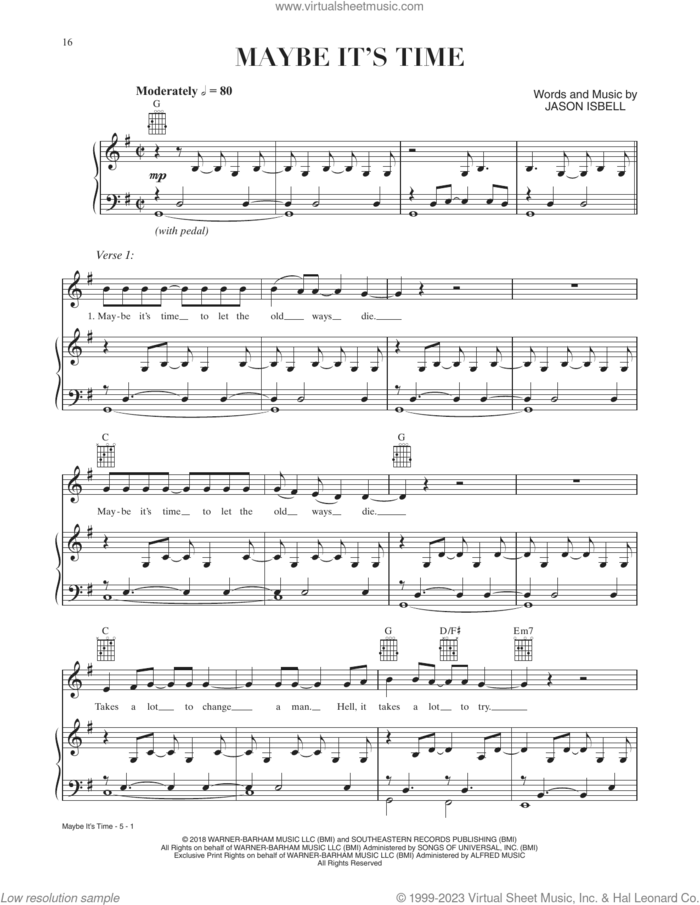 Maybe It's Time (from A Star Is Born) sheet music for voice, piano or guitar by Bradley Cooper and Michael Isbell, intermediate skill level