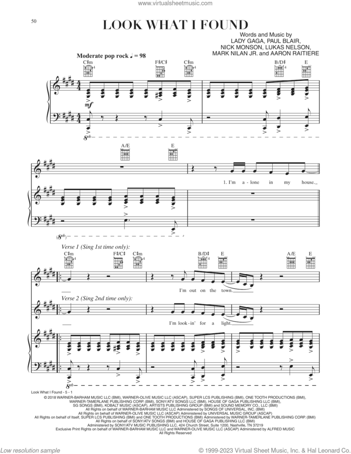 Look What I Found (from A Star Is Born) sheet music for voice, piano or guitar by Lady Gaga, Aaron Raitiere, Lukas Nelson, Mark Nilan Jr., Nick Monson and Paul Blair, intermediate skill level
