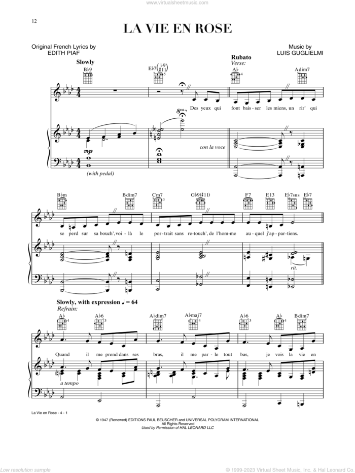La Vie En Rose (from A Star Is Born) sheet music for voice, piano or guitar by Lady Gaga, Edith Piaf and Louis Guglielmi, intermediate skill level