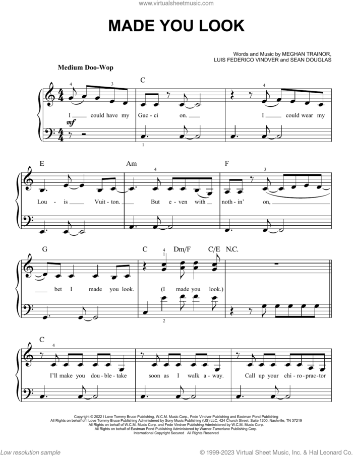 Made You Look sheet music for piano solo by Meghan Trainor, Luis Federico Vindver and Sean Douglas, easy skill level