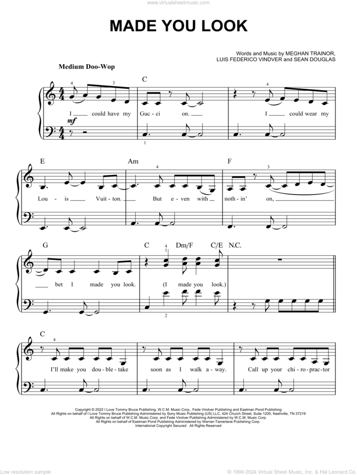 Made You Look sheet music for piano solo by Meghan Trainor, Luis Federico Vindver and Sean Douglas, easy skill level