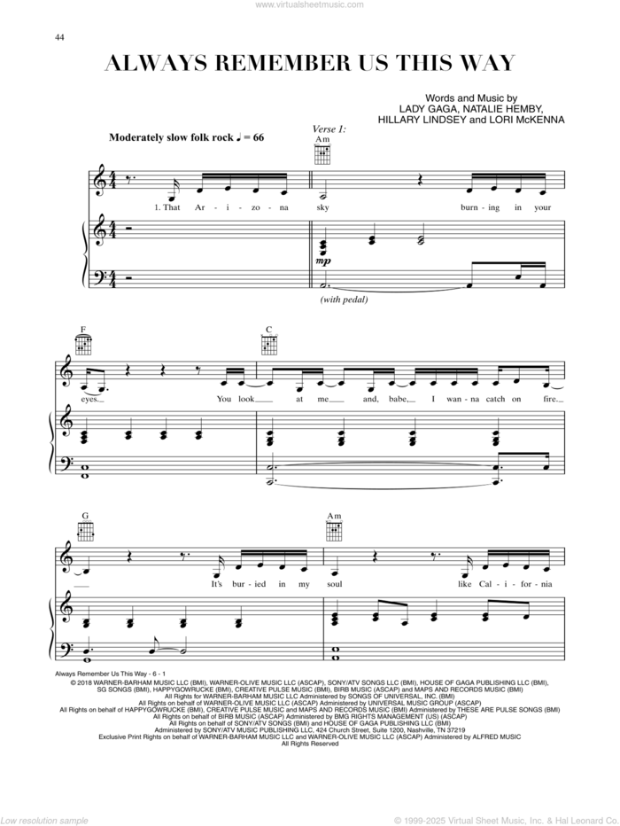 Always Remember Us This Way (from A Star Is Born) sheet music for voice, piano or guitar by Lady Gaga, Hillary Lindsey, Lori McKenna and Natalie Hemby, intermediate skill level