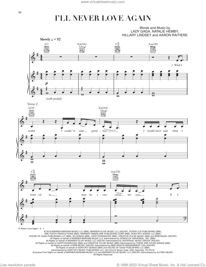 I'll Never Love Again (from A Star Is Born) sheet music for voice, piano or guitar by Lady Gaga, Aaron Raitiere, Hillary Lindsey and Natalie Hemby, intermediate skill level