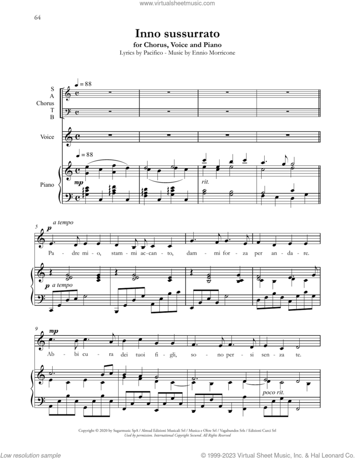 Inno sussurrato sheet music for choir (SATB: soprano, alto, tenor, bass) by Andrea Bocelli, Ennio Morricone and Pacifico, classical score, intermediate skill level