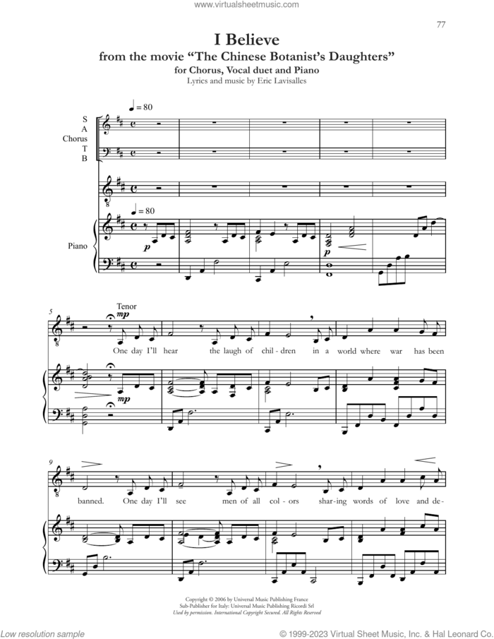 I Believe (from The Chinese Botanist's Daughters) sheet music for choir (SATB: soprano, alto, tenor, bass) by Andrea Bocelli and Eric Lavisalles, classical score, intermediate skill level
