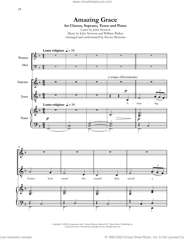 Amazing Grace (arr. Steven Mercurio) sheet music for choir (SSATB) by Andrea Bocelli, Steven Mercurio, Billy Walker and John Newton, classical score, intermediate skill level