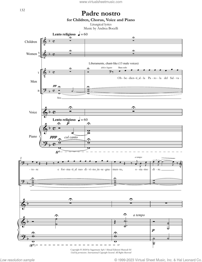 Padre nostro sheet music for choir (SATB: soprano, alto, tenor, bass) by Andrea Bocelli, classical score, intermediate skill level