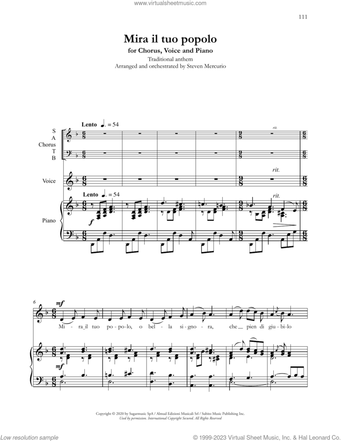 Mira il tuo popolo (arr. Steven Mercurio) sheet music for choir (SATB: soprano, alto, tenor, bass) by Andrea Bocelli, Steven Mercurio and Traditional Anthem, classical score, intermediate skill level