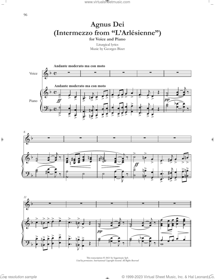 Agnus Dei (Intermezzo from 'L'Arlesienne') sheet music for voice and piano by Andrea Bocelli and Georges Bizet, classical score, intermediate skill level