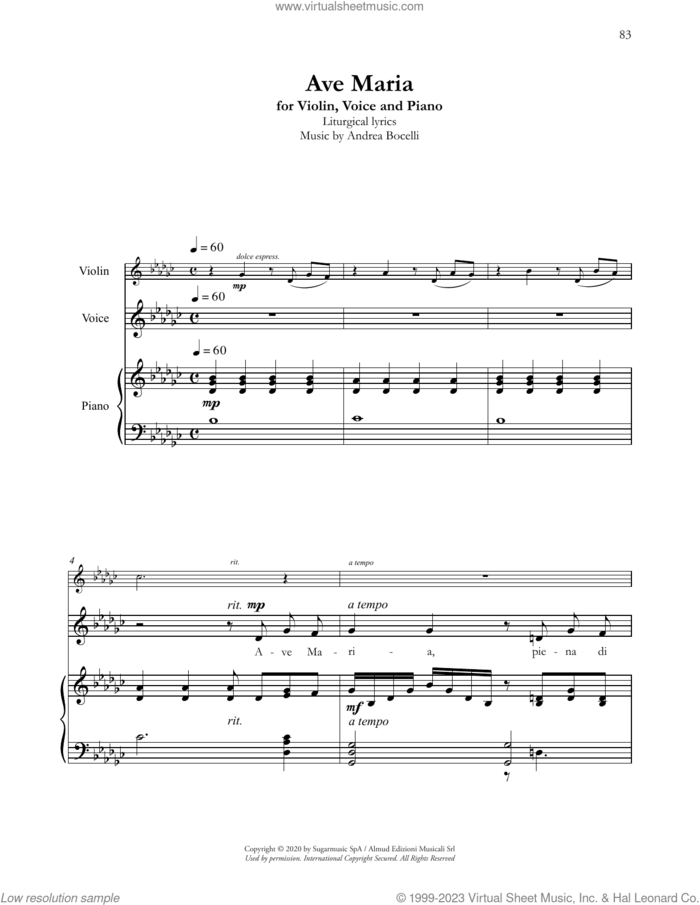 Ave Maria (with Violin) sheet music for voice and piano by Andrea Bocelli, classical score, intermediate skill level