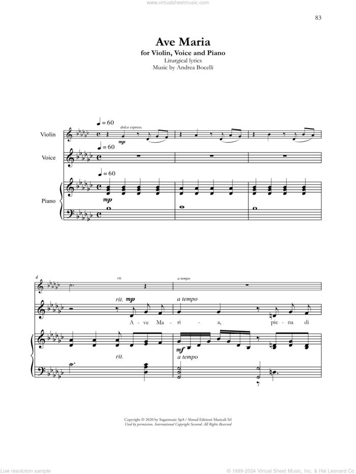 Ave Maria (with Violin) sheet music for voice and piano by Andrea Bocelli, classical score, intermediate skill level