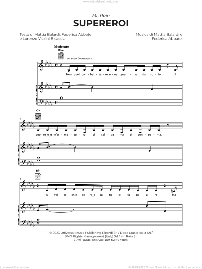 SUPEREROI sheet music for voice, piano or guitar by Mr.Rain, Federica Abbate, Lorenzo Vizzini Bisaccia and Mattia Balardi, intermediate skill level