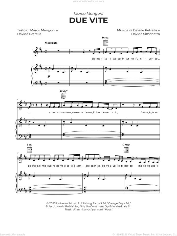 Due Vite sheet music for voice, piano or guitar by Marco Mengoni, Davide Petrella and Davide Simonetta, intermediate skill level