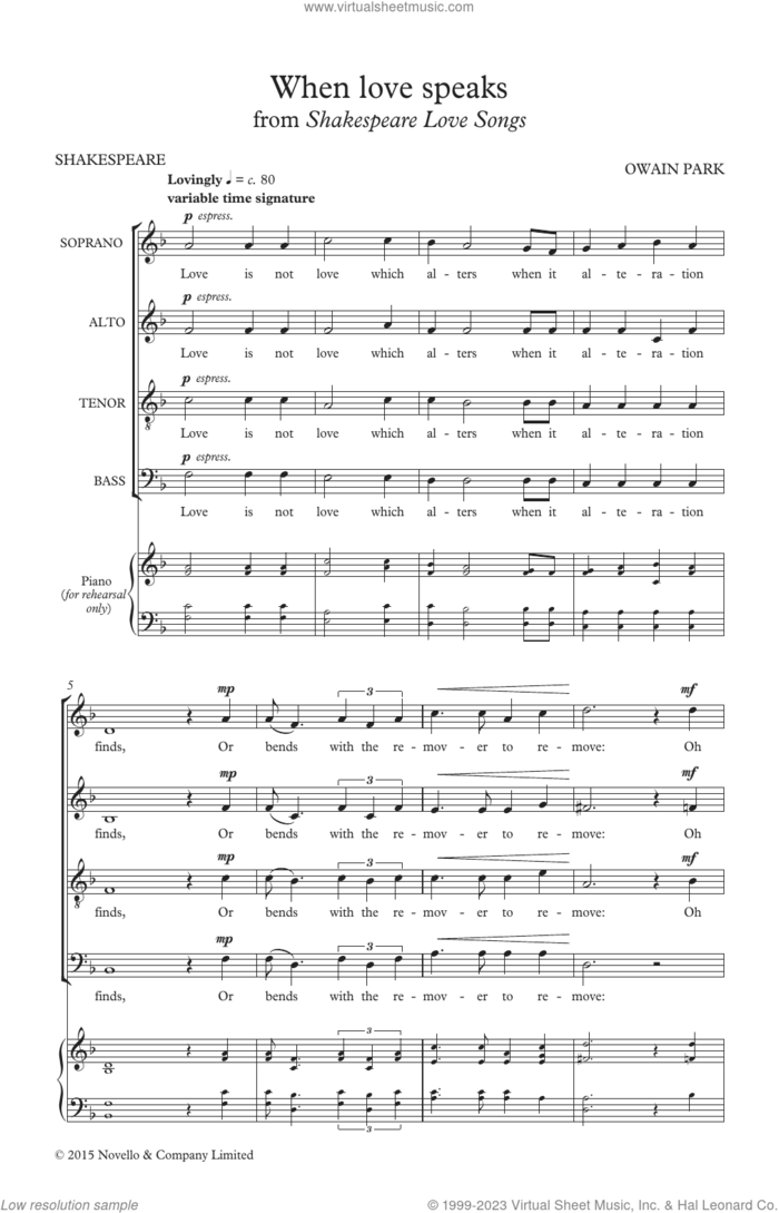 When Love Speaks sheet music for choir (SATB: soprano, alto, tenor, bass) by Owain Park and William Shakespeare, classical score, intermediate skill level