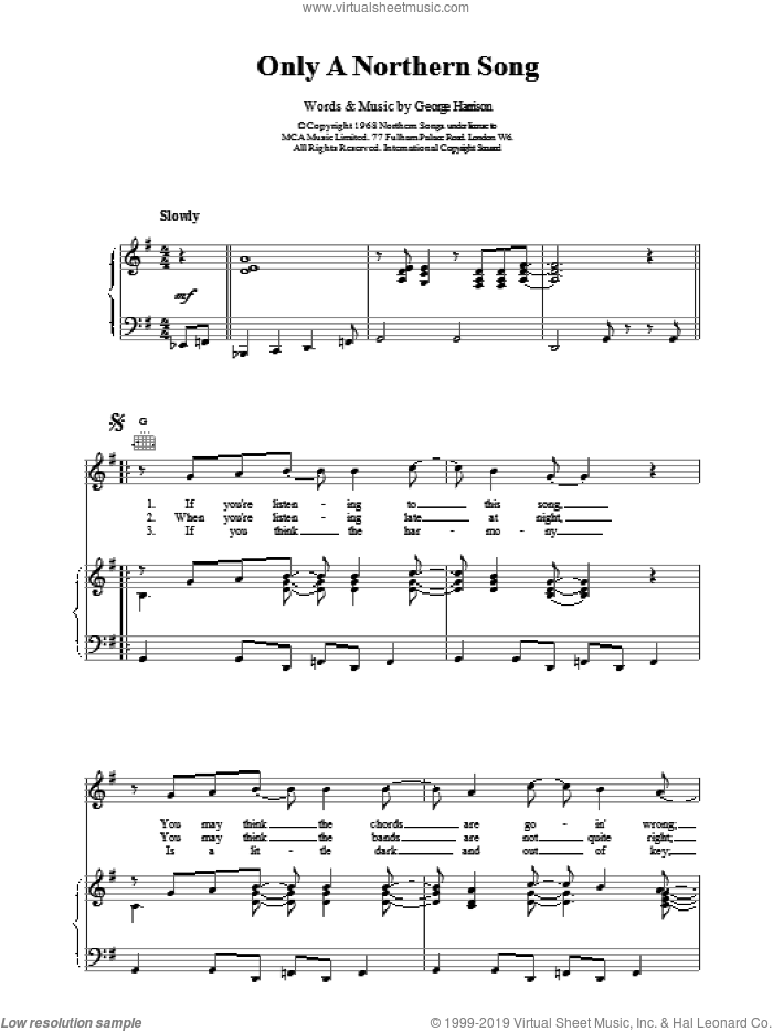 Only A Northern Song sheet music for voice, piano or guitar by The Beatles, intermediate skill level
