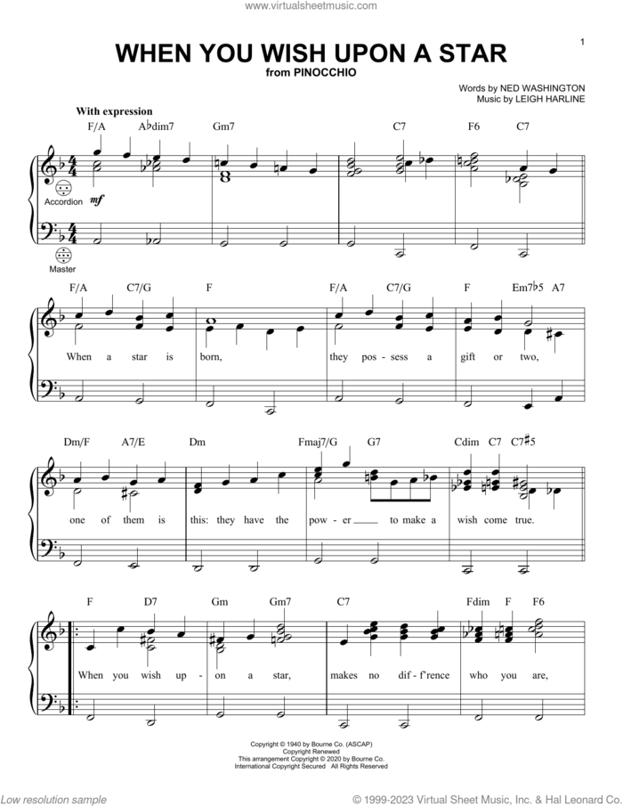 When You Wish Upon A Star (from Pinocchio) sheet music for accordion by Cliff Edwards, Leigh Harline and Ned Washington, intermediate skill level