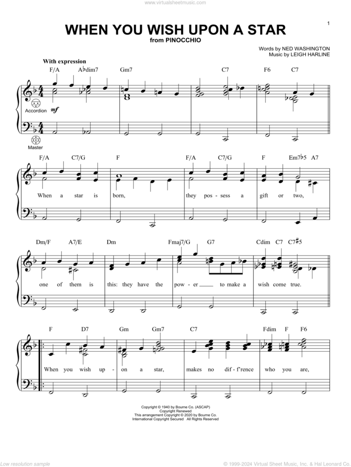 When You Wish Upon A Star (from Pinocchio) sheet music for accordion by Cliff Edwards, Leigh Harline and Ned Washington, intermediate skill level