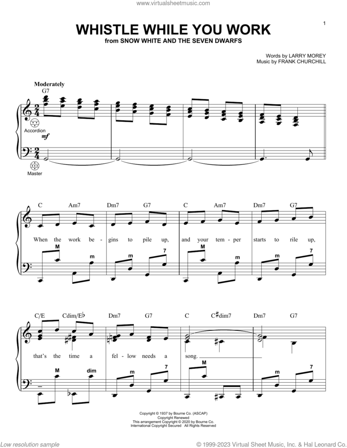 Whistle While You Work (from Snow White And The Seven Dwarfs) sheet music for accordion by Frank Churchill, Larry Morey and Larry Morey & Frank Churchill, intermediate skill level