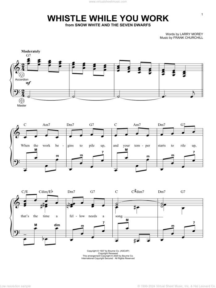 Whistle While You Work (from Snow White And The Seven Dwarfs) sheet music for accordion by Frank Churchill, Larry Morey and Larry Morey & Frank Churchill, intermediate skill level