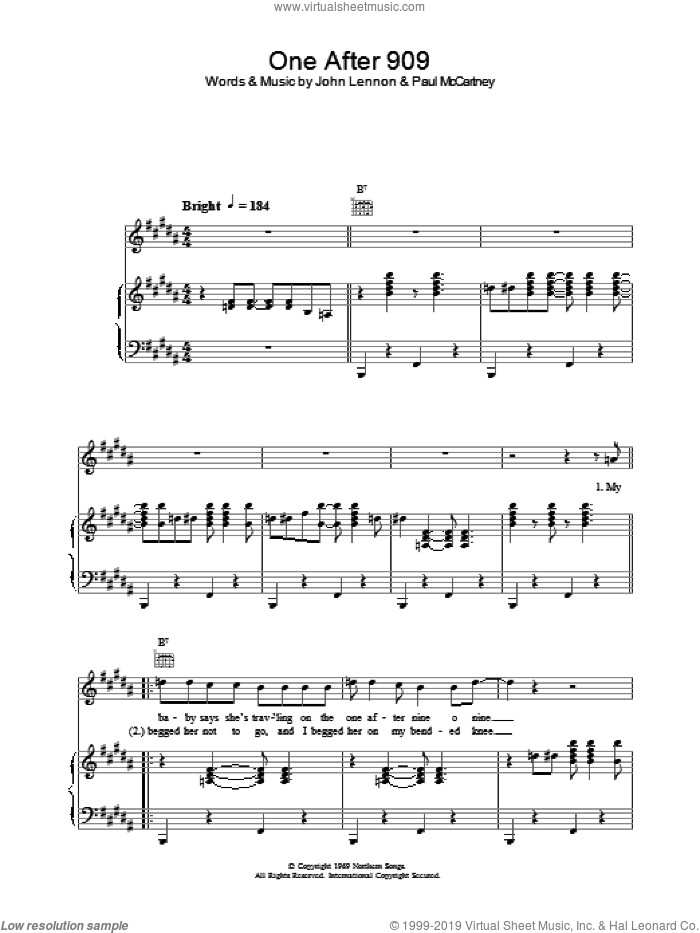 One After 909 sheet music for voice, piano or guitar by The Beatles, intermediate skill level