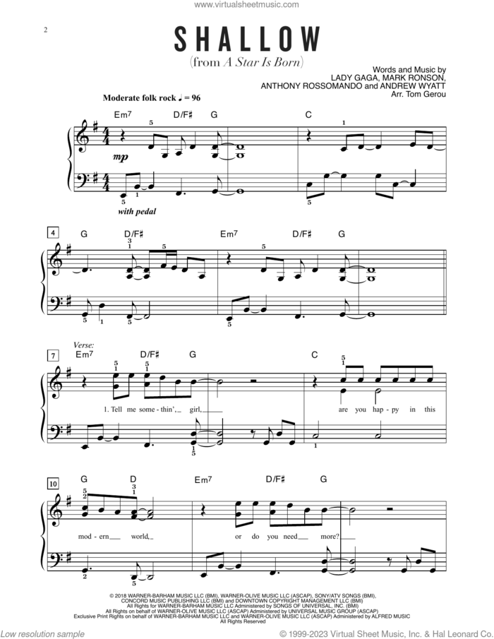 Shallow (from A Star Is Born) (arr. Tom Gerou) sheet music for piano solo by Lady Gaga, Andrew Wyatt, Anthony Rossomando and Mark Ronson, easy skill level