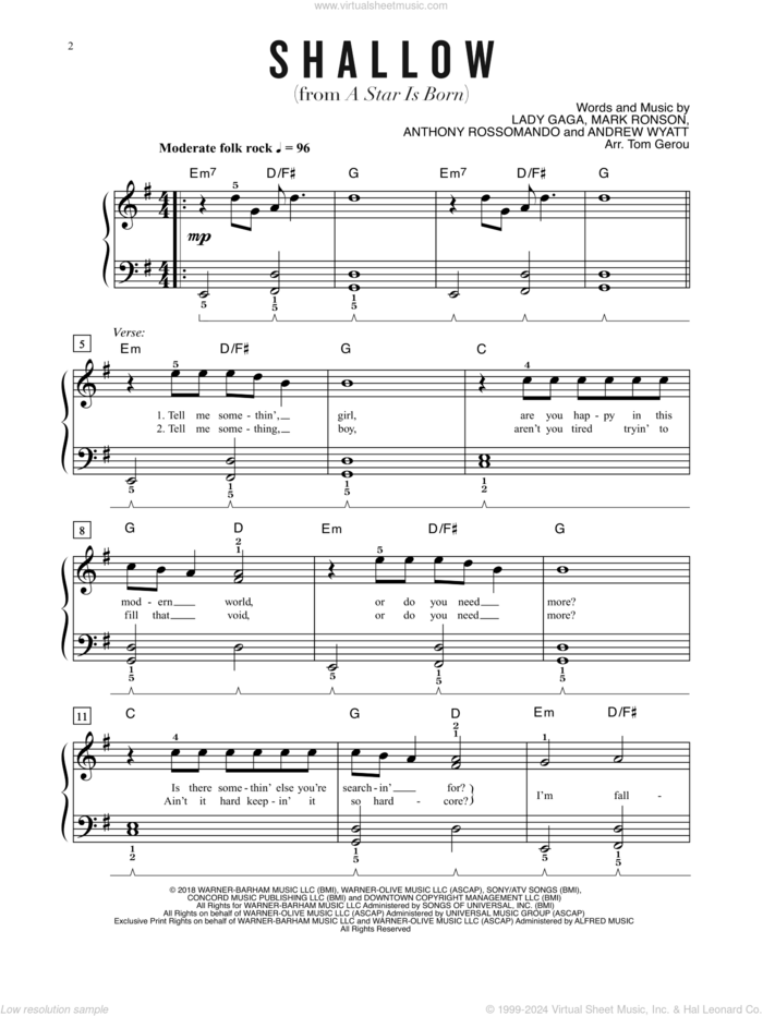 Shallow (from A Star Is Born) (arr. Tom Gerou) sheet music for piano solo (big note book) by Lady Gaga, Andrew Wyatt, Anthony Rossomando and Mark Ronson, easy piano (big note book)