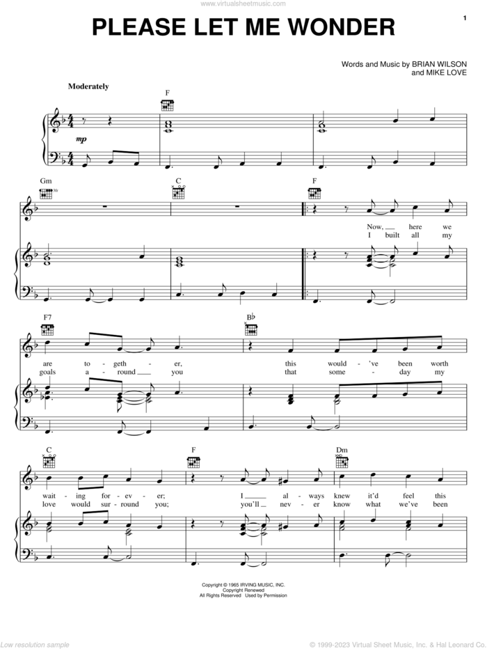 Please Let Me Wonder sheet music for voice, piano or guitar by The Beach Boys, Brian Wilson and Mike Love, intermediate skill level