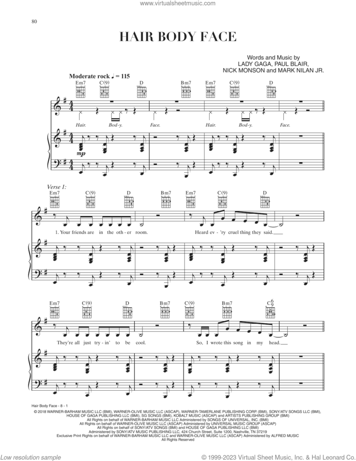 Hair Body Face (from A Star Is Born) sheet music for voice, piano or guitar by Lady Gaga, Mark Nilan Jr., Nick Monson and Paul Blair, intermediate skill level
