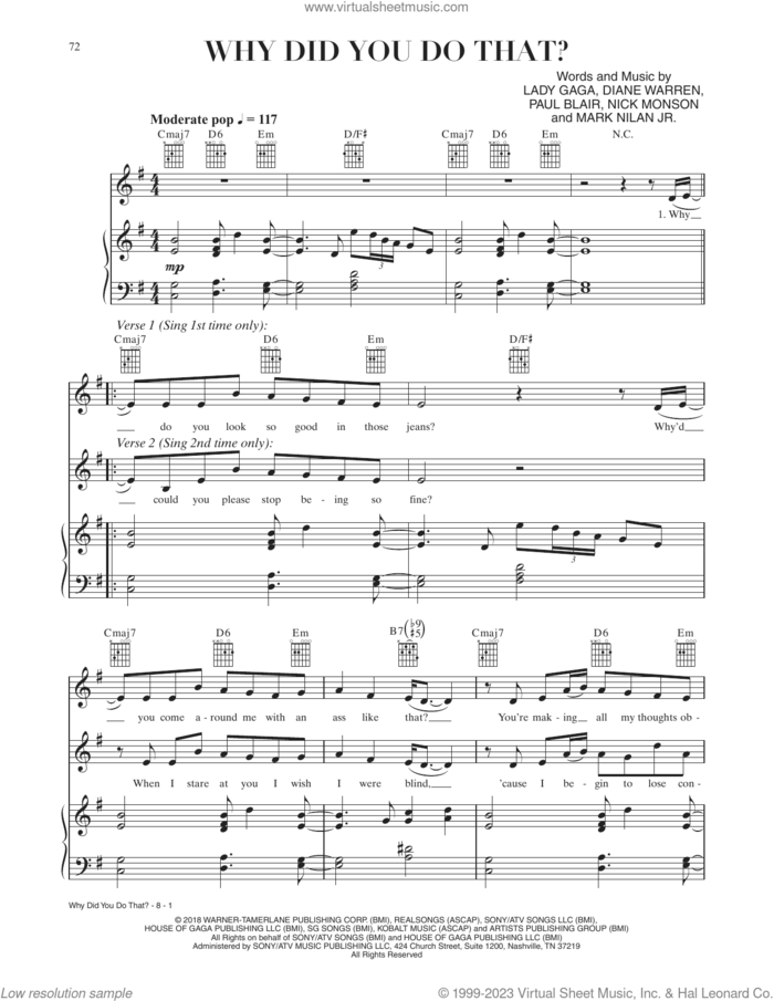 Why Did You Do That? (from A Star Is Born) sheet music for voice, piano or guitar by Lady Gaga, Diane Warren, Mark Nilan Jr., Nick Monson and Paul Blair, intermediate skill level