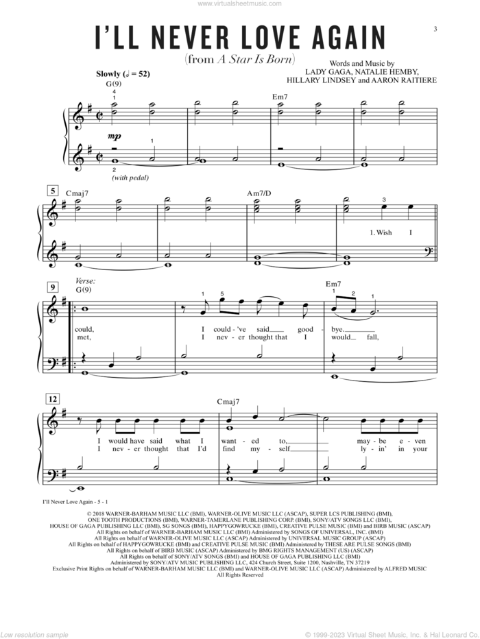 I'll Never Love Again (from A Star Is Born) sheet music for piano solo by Lady Gaga, Aaron Raitiere, Hillary Lindsey and Natalie Hemby, easy skill level