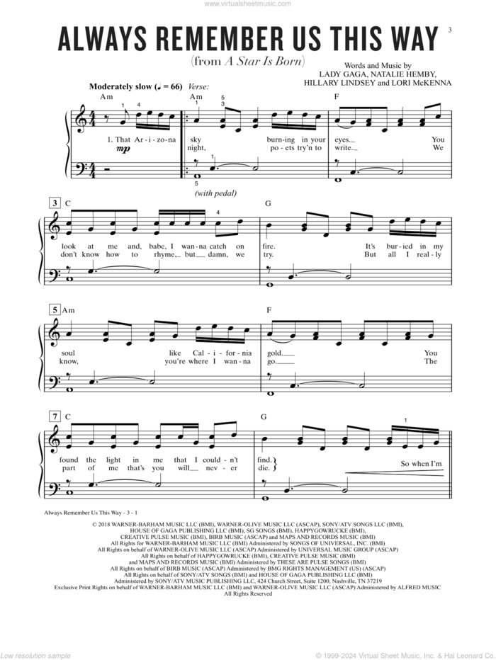 Always Remember Us This Way (from A Star Is Born) sheet music for piano solo by Lady Gaga, Hillary Lindsey, Lori McKenna and Natalie Hemby, easy skill level