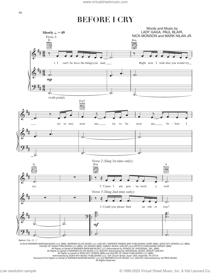Before I Cry (from A Star Is Born) sheet music for voice, piano or guitar by Lady Gaga, Mark Nilan Jr., Nick Monson and Paul Blair, intermediate skill level