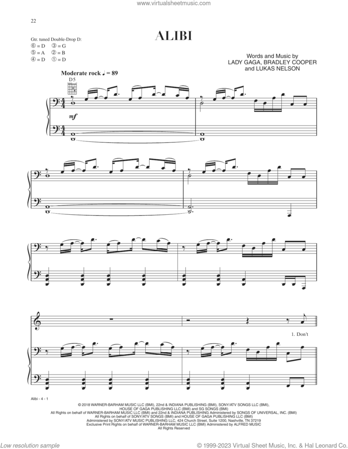 Alibi (from A Star Is Born) sheet music for voice, piano or guitar by Bradley Cooper, Lady Gaga and Lukas Nelson, intermediate skill level