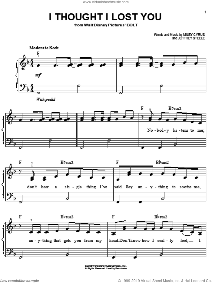 I Thought I Lost You sheet music for piano solo by Miley Cyrus, Bolt (Movie) and Jeffrey Steele, easy skill level