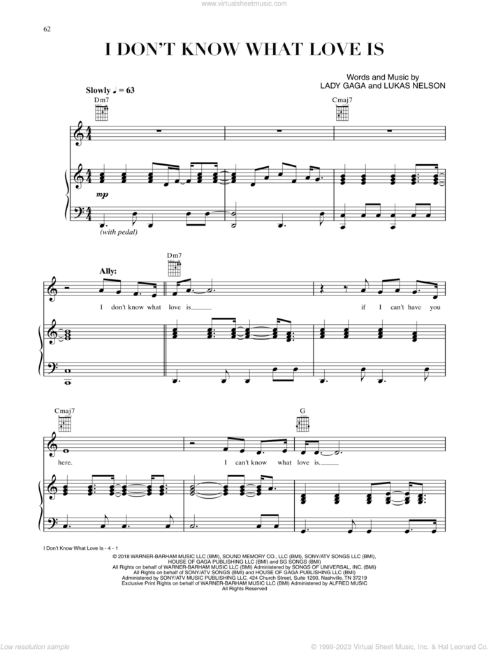 I Don't Know What Love Is (from A Star Is Born) sheet music for voice, piano or guitar by Lady Gaga & Bradley Cooper, Bradley Cooper, Lady Gaga and Lukas Nelson, intermediate skill level
