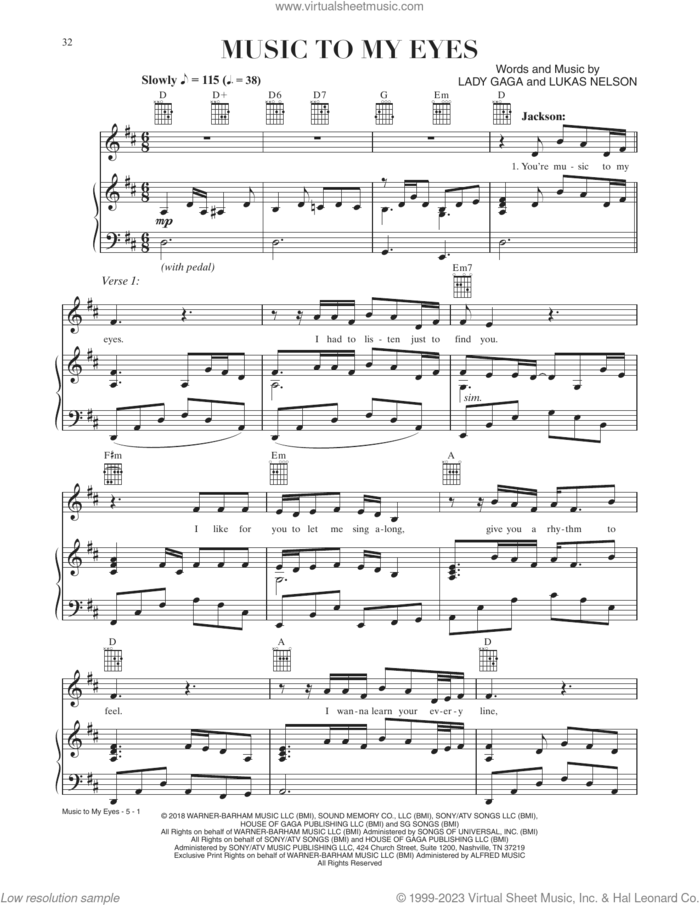 Music To My Eyes (from A Star Is Born) sheet music for voice, piano or guitar by Lady Gaga & Bradley Cooper, Bradley Cooper, Lady Gaga and Lukas Nelson, intermediate skill level