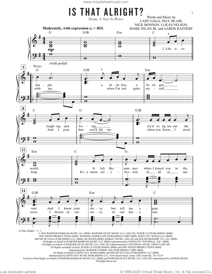 Is That Alright? (from A Star Is Born) sheet music for piano solo by Lady Gaga, Aaron Raitiere, Lukas Nelson, Mark Nilan Jr., Nick Monson and Paul Blair, easy skill level