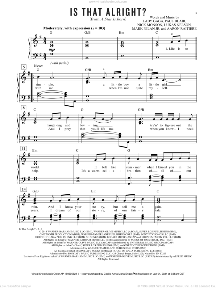 Is That Alright? (from A Star Is Born) sheet music for piano solo by Lady Gaga, Aaron Raitiere, Lukas Nelson, Mark Nilan Jr., Nick Monson and Paul Blair, easy skill level