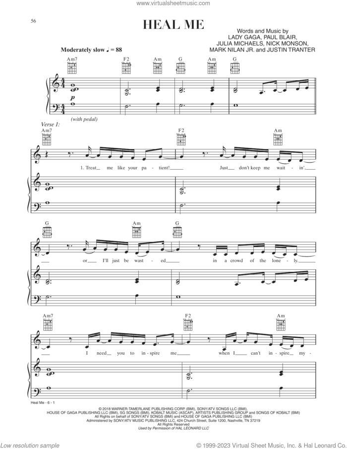Heal Me (from A Star Is Born) sheet music for voice, piano or guitar by Lady Gaga, Julia Michaels, Justin Tranter, Mark Nilan Jr., Nick Monson and Paul Blair, intermediate skill level