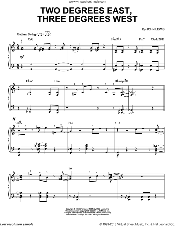 Two Degrees East, Three Degrees West [Jazz version] sheet music for piano solo by John Lewis, intermediate skill level