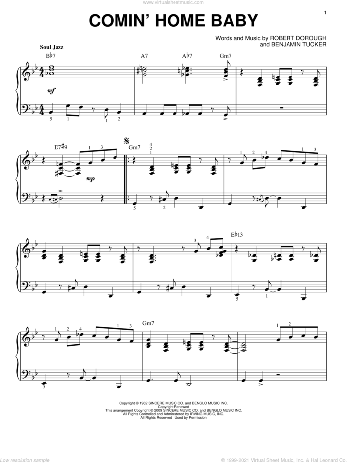 Comin' Home Baby [Jazz version] sheet music for piano solo by Mel Torme, Eddie 'Lockjaw' Davis, Herbie Mann, Benjamin Tucker and Bob Dorough, intermediate skill level