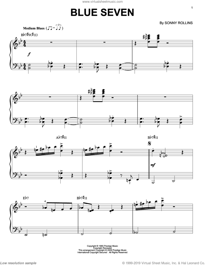 Blue Seven [Jazz version] sheet music for piano solo by Sonny Rollins, intermediate skill level