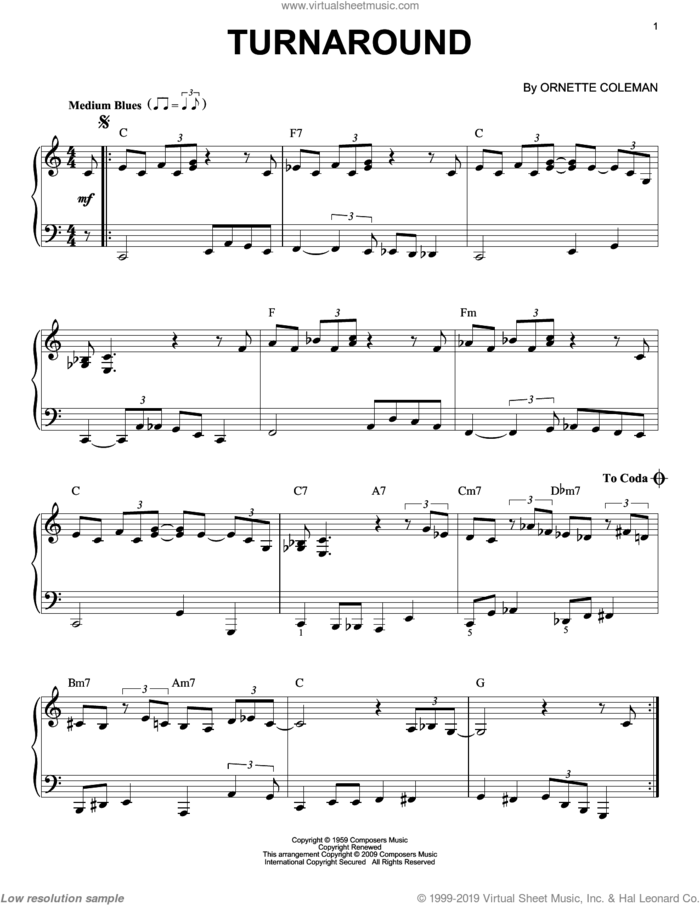 Turnaround [Jazz version] sheet music for piano solo by Ornette Coleman, intermediate skill level