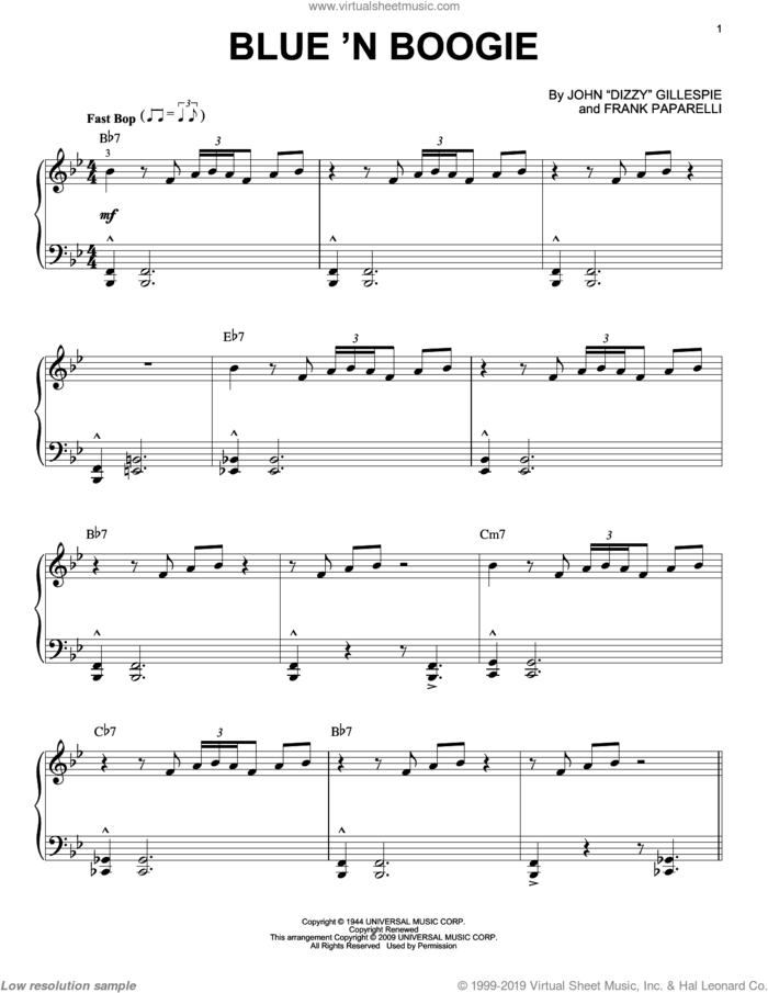 Blue 'N Boogie [Jazz version] sheet music for piano solo by Dizzy Gillespie and Frank Paparelli, intermediate skill level