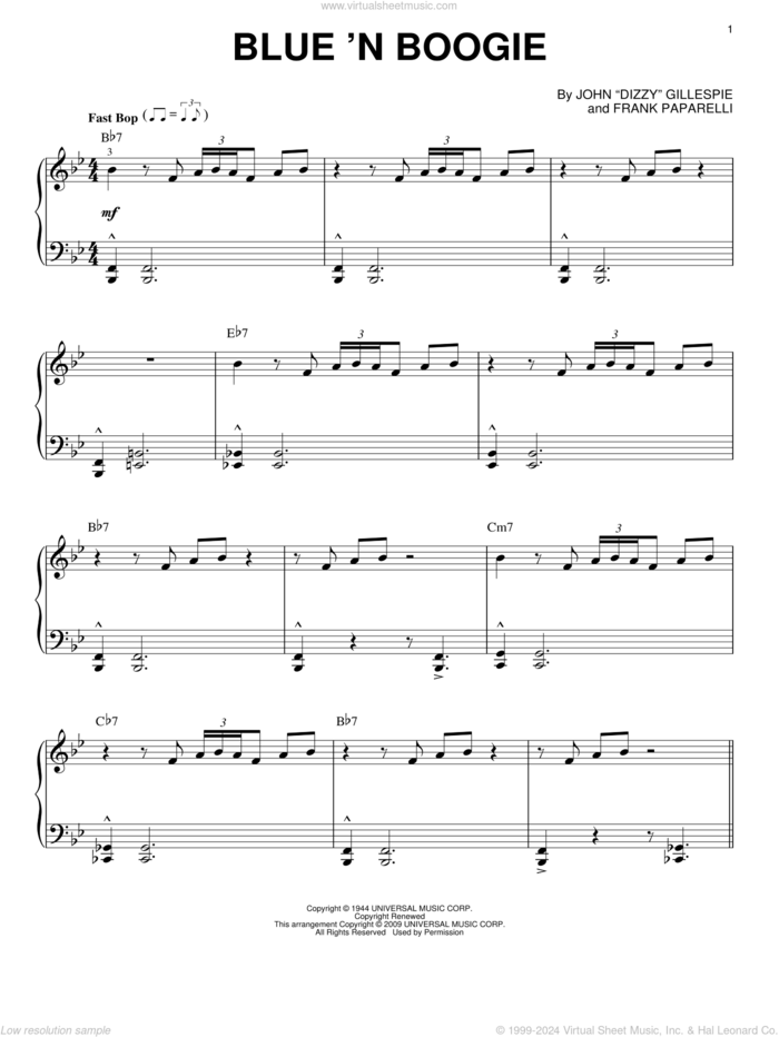 Blue 'N Boogie [Jazz version] sheet music for piano solo by Dizzy Gillespie and Frank Paparelli, intermediate skill level